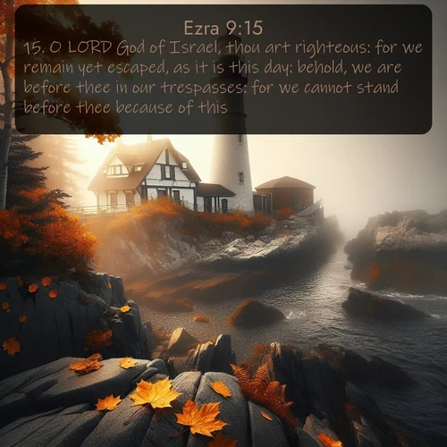 citation biblique : 15. O LORD God of Israel, thou art righteous: for we remain yet escaped, as it is this day: behold, we are before thee in our trespasses: for we cannot stand before thee because of this.
 sur fond image nature