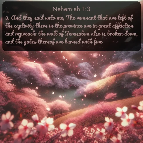 citation biblique : 3. And they said unto me, The remnant that are left of the captivity there in the province are in great affliction and reproach: the wall of Jerusalem also is broken down, and the gates thereof are burned with fire.
 sur fond image nature