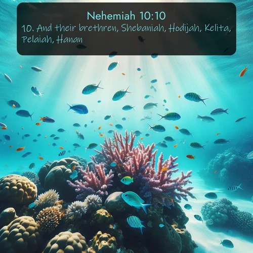 KJV Nehemiah 10:10 overlaying nature image scene: Tropical fish dart through coral reefs in crystal-clear waters.;10. And their brethren, Shebaniah, Hodijah, Kelita, Pelaiah, Hanan,