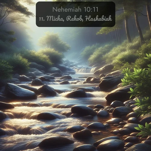 KJV Nehemiah 10:11 overlaying nature image scene: A mountain stream tumbles over smooth rocks between banks of mountain laurel.;11. Micha, Rehob, Hashabiah,