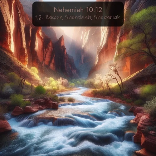 KJV Nehemiah 10:12 overlaying nature image scene: Spring floods transform a desert canyon into a rushing river.;12. Zaccur, Sherebiah, Shebaniah,