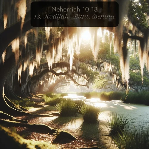 KJV Nehemiah 10:13 overlaying nature image scene: Summer afternoon light filters through Spanish moss in a bayou.;13. Hodijah, Bani, Beninu.