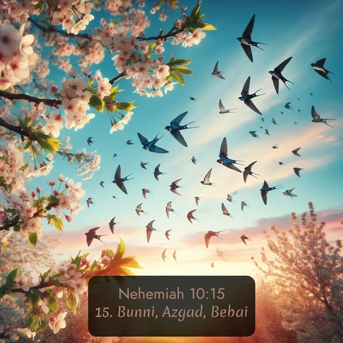 KJV Nehemiah 10:15 overlaying nature image scene: Spring migration fills the sky with countless swallows.;15. Bunni, Azgad, Bebai,