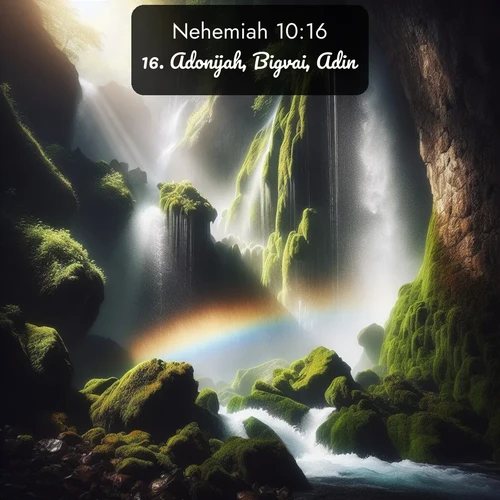 KJV Nehemiah 10:16 overlaying nature image scene: A waterfall thunders through ancient moss-covered rocks while rainbow mist rises where water meets stone.;16. Adonijah, Bigvai, Adin,