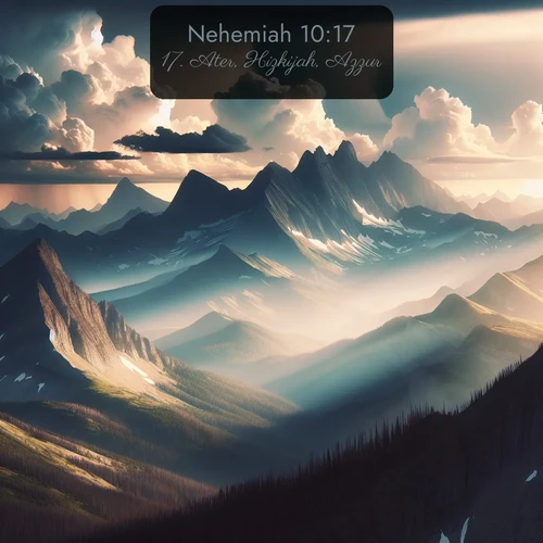KJV Nehemiah 10:17 overlaying nature image scene: Summer storms build over mountain peaks at midday.;17. Ater, Hizkijah, Azzur,