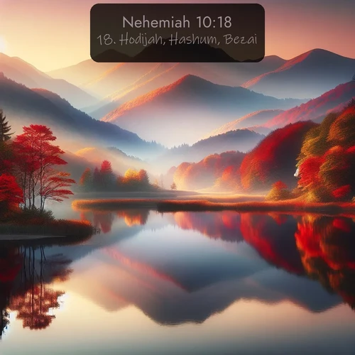 KJV Nehemiah 10:18 overlaying nature image scene: Autumn colors reflect in a still mountain lake at sunrise.;18. Hodijah, Hashum, Bezai,