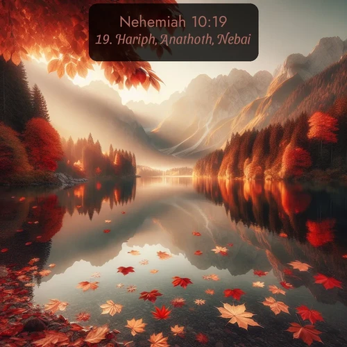 KJV Nehemiah 10:19 overlaying nature image scene: Autumn leaves scatter across mirror-like mountain lakes.;19. Hariph, Anathoth, Nebai,