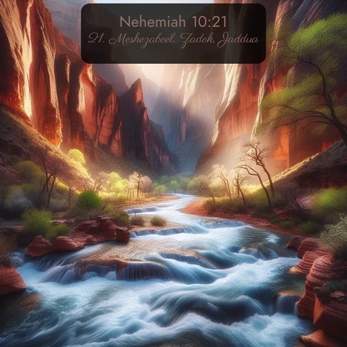 KJV Nehemiah 10:21 overlaying nature image scene: Spring floods transform a desert canyon into a rushing river.;21. Meshezabeel, Zadok, Jaddua,
