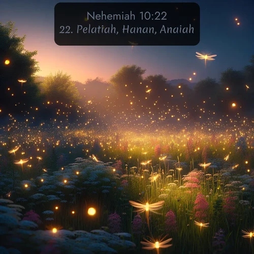 KJV Nehemiah 10:22 overlaying nature image scene: Fireflies dance above a spring meadow filled with singing crickets.;22. Pelatiah, Hanan, Anaiah,