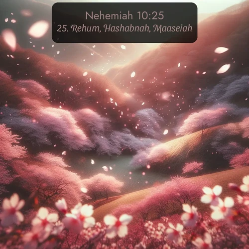 KJV Nehemiah 10:25 overlaying nature image scene: Cherry blossoms blanket the hillside in soft pink snow, swirling through the air like nature's confetti.;25. Rehum, Hashabnah, Maaseiah,