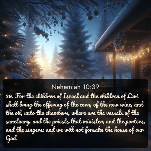 citation biblique : 39. For the children of Israel and the children of Levi shall bring the offering of the corn, of the new wine, and the oil, unto the chambers, where are the vessels of the sanctuary, and the priests that minister, and the porters, and the singers: and we will not forsake the house of our God.
 sur fond image nature
