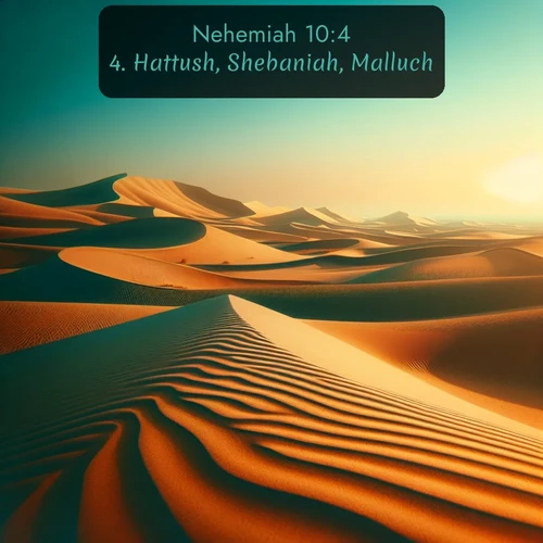 KJV Nehemiah 10:4 overlaying nature image scene: Desert dunes ripple endlessly under the scorching sun, their golden crests sharp against the azure sky. A sidewinder's tracks weave delicate patterns in the sand.;4. Hattush, Shebaniah, Malluch,