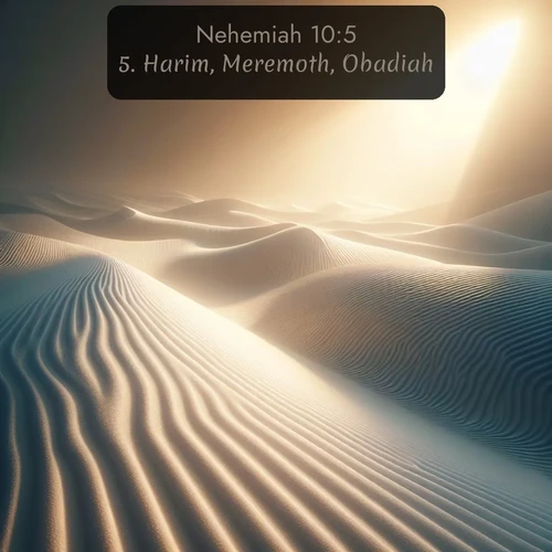 KJV Nehemiah 10:5 overlaying nature image scene: Sand ripples stretch endlessly across white gypsum dunes.;5. Harim, Meremoth, Obadiah,