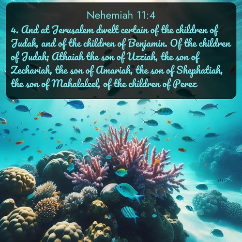 citation biblique : 4. And at Jerusalem dwelt certain of the children of Judah, and of the children of Benjamin. Of the children of Judah; Athaiah the son of Uzziah, the son of Zechariah, the son of Amariah, the son of Shephatiah, the son of Mahalaleel, of the children of Perez;
 sur fond image nature
