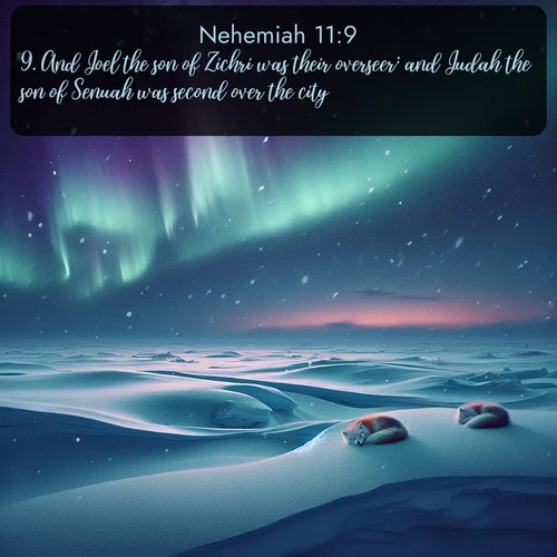 citation biblique : 9. And Joel the son of Zichri was their overseer: and Judah the son of Senuah was second over the city.
 sur fond image nature