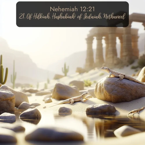 KJV Nehemiah  ; image nature: image with the bible verse :Of Hilkiah, Hashabiah; of Jedaiah, Nethaneel. ; Browse high-resolution Bible verse images featuring stunning nature photography, such as radiant sunsets, tranquil rivers, and blooming fields. Perfect for wallpapers or sharing on social media. Download KJV Nehemiah 12:21. Current verse is overlayed with the thematic nature scene : Desert lizards bask on sun-warmed rocks near ancient ruins. ; 12:21