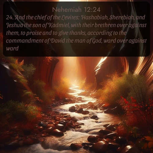 citation biblique : 24. And the chief of the Levites: Hashabiah, Sherebiah, and Jeshua the son of Kadmiel, with their brethren over against them, to praise and to give thanks, according to the commandment of David the man of God, ward over against ward.
 sur fond image nature