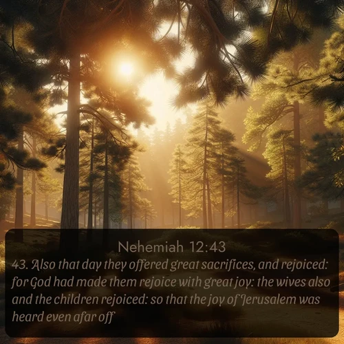 citation biblique : 43. Also that day they offered great sacrifices, and rejoiced: for God had made them rejoice with great joy: the wives also and the children rejoiced: so that the joy of Jerusalem was heard even afar off.
 sur fond image nature