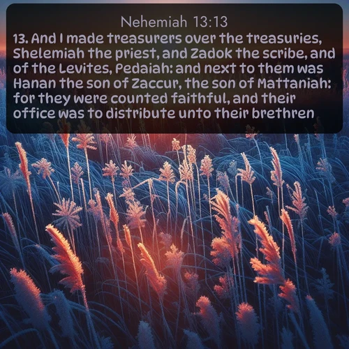 citation biblique : 13. And I made treasurers over the treasuries, Shelemiah the priest, and Zadok the scribe, and of the Levites, Pedaiah: and next to them was Hanan the son of Zaccur, the son of Mattaniah: for they were counted faithful, and their office was to distribute unto their brethren.
 sur fond image nature