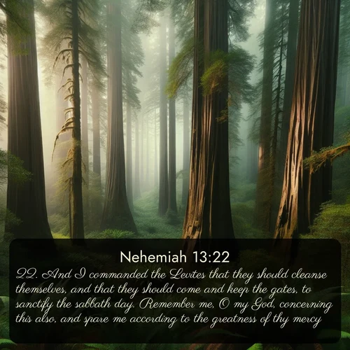 citation biblique : 22. And I commanded the Levites that they should cleanse themselves, and that they should come and keep the gates, to sanctify the sabbath day. Remember me, O my God, concerning this also, and spare me according to the greatness of thy mercy.
 sur fond image nature
