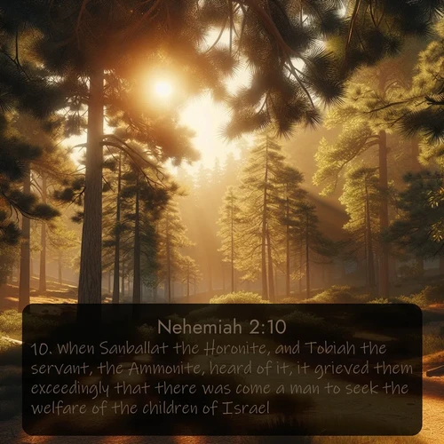 citation biblique : 10. When Sanballat the Horonite, and Tobiah the servant, the Ammonite, heard of it, it grieved them exceedingly that there was come a man to seek the welfare of the children of Israel.
 sur fond image nature