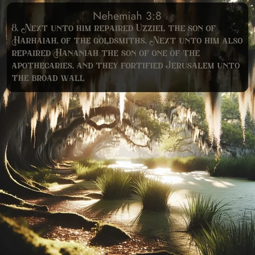citation biblique : 8. Next unto him repaired Uzziel the son of Harhaiah, of the goldsmiths. Next unto him also repaired Hananiah the son of one of the apothecaries, and they fortified Jerusalem unto the broad wall.
 sur fond image nature