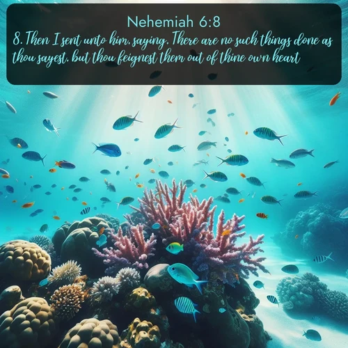 KJV Nehemiah 6:8 overlaying nature image scene: Tropical fish dart through coral reefs in crystal-clear waters.;8. Then I sent unto him, saying, There are no such things done as thou sayest, but thou feignest them out of thine own heart.