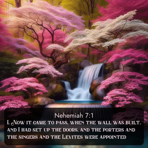 citation biblique : 1. Now it came to pass, when the wall was built, and I had set up the doors, and the porters and the singers and the Levites were appointed,
 sur fond image nature