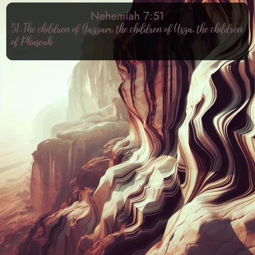 KJV Nehemiah  ; image nature: image with the bible verse :The children of Gazzam, the children of Uzza, the children of Phaseah, ; Discover inspiring Bible verse images featuring natural wonders like lush forests, sunny horizons, and cascading waterfalls. Perfect for wallpapers or spiritual encouragement. Download verses like KJV Nehemiah 7:51. Current verse is overlayed with the thematic nature scene : Desert varnish stains cliff faces in abstract patterns. ; 7:51