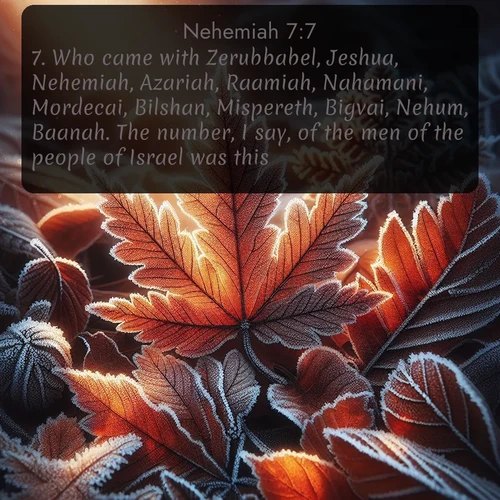 citation biblique : 7. Who came with Zerubbabel, Jeshua, Nehemiah, Azariah, Raamiah, Nahamani, Mordecai, Bilshan, Mispereth, Bigvai, Nehum, Baanah. The number, I say, of the men of the people of Israel was this;
 sur fond image nature