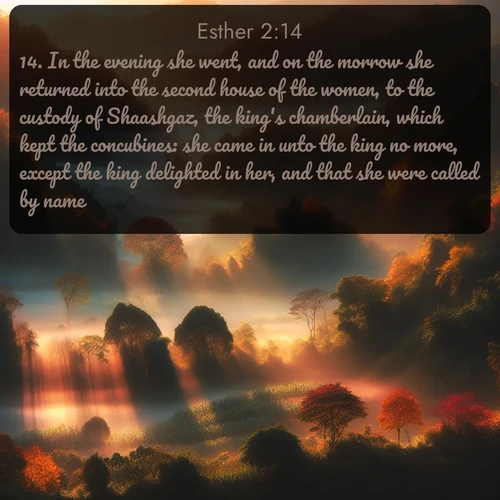 KJV Esther  ; image nature: image with the bible verse :In the evening she went, and on the morrow she returned into the second house of the women, to the custody of Shaashgaz, the king&#039;s chamberlain, which kept the concubines: she came in unto the king no more, except the king delighted in her, and that she were called by name. ; Discover a gallery of Bible verse images showcasing the beauty of autumn, with golden leaves, red forests, and peaceful fields bathed in soft light. These soothing scenes are perfect for accompanying inspiring verses like KJV Esther 2:14. Current verse is overlayed with the thematic nature scene : Autumn mist rises from warming morning valleys. ; 2:14