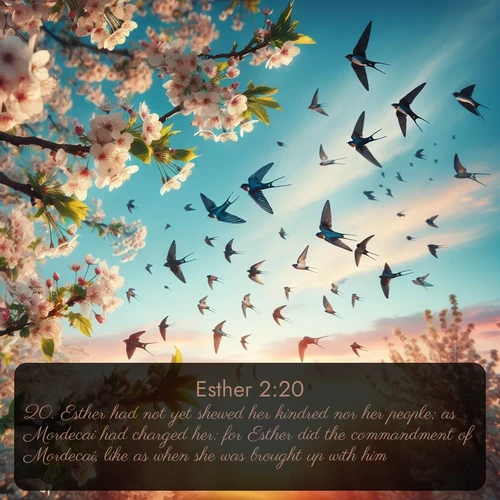 citation biblique : 20. Esther had not yet shewed her kindred nor her people; as Mordecai had charged her: for Esther did the commandment of Mordecai, like as when she was brought up with him.
 sur fond image nature