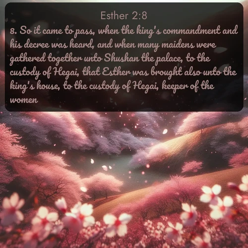 KJV Esther  ; image nature: image with the bible verse :So it came to pass, when the king&#039;s commandment and his decree was heard, and when many maidens were gathered together unto Shushan the palace, to the custody of Hegai, that Esther was brought also unto the king&#039;s house, to the custody of Hegai, keeper of the women. ; Dive into our collection of Bible verse images beautifully illustrated with beach photos, featuring gentle waves, sunsets over the sea, and sandy shores. These scenes evoke the peace and majesty of God. Download and share inspiring verses like KJV Esther 2:8. Current verse is overlayed with the thematic nature scene : Cherry blossoms blanket the hillside in soft pink snow, swirling through the air like nature&#039;s confetti. ; 2:8