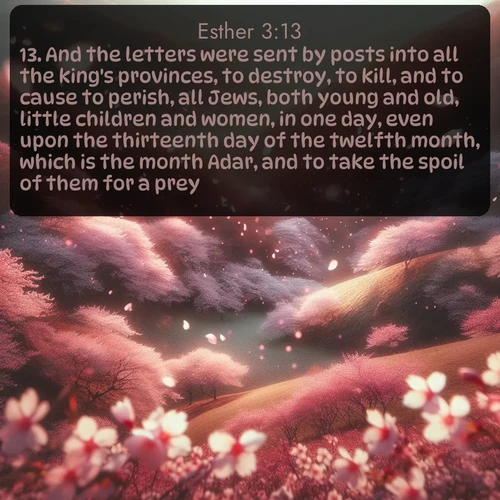 citation biblique : 13. And the letters were sent by posts into all the king&#039;s provinces, to destroy, to kill, and to cause to perish, all Jews, both young and old, little children and women, in one day, even upon the thirteenth day of the twelfth month, which is the month Adar, and to take the spoil of them for a prey.
 sur fond image nature