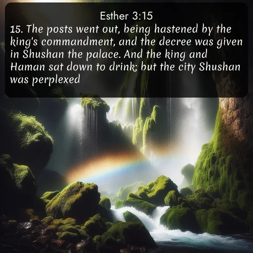 citation biblique : 15. The posts went out, being hastened by the king&#039;s commandment, and the decree was given in Shushan the palace. And the king and Haman sat down to drink; but the city Shushan was perplexed.
 sur fond image nature