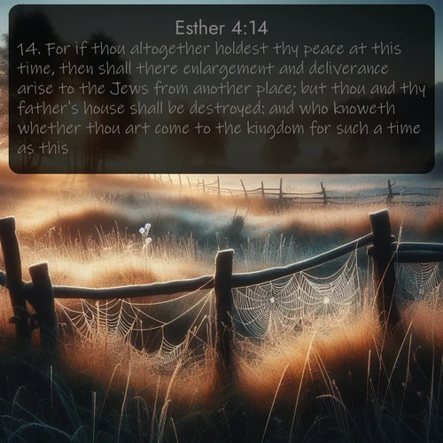 KJV Esther  ; image nature: image with the bible verse :For if thou altogether holdest thy peace at this time, then shall there enlargement and deliverance arise to the Jews from another place; but thou and thy father&#039;s house shall be destroyed: and who knoweth whether thou art come to the kingdom for such a time as this? ; Discover Bible images capturing the essence of autumn, with wooded paths, golden fields, and swirling leaves. These scenes reflect the changing beauty of God&#039;s creation. Download verses like KJV Esther 4:14. Current verse is overlayed with the thematic nature scene : Morning frost coats spider webs stretched between fence posts in a country meadow. ; 4:14