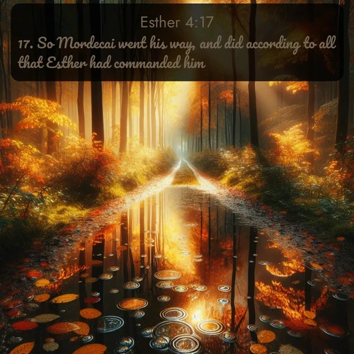 KJV Esther  ; image nature: image with the bible verse :So Mordecai went his way, and did according to all that Esther had commanded him. ; Browse Bible images illustrated by desert landscapes, with endless skies, golden dunes, and isolated palm trees. These images evoke the calm and grandeur of God&#039;s creation. Download inspiring verses like KJV Esther 4:17. Current verse is overlayed with the thematic nature scene : Autumn colors reflect in rain puddles on a forest path. ; 4:17