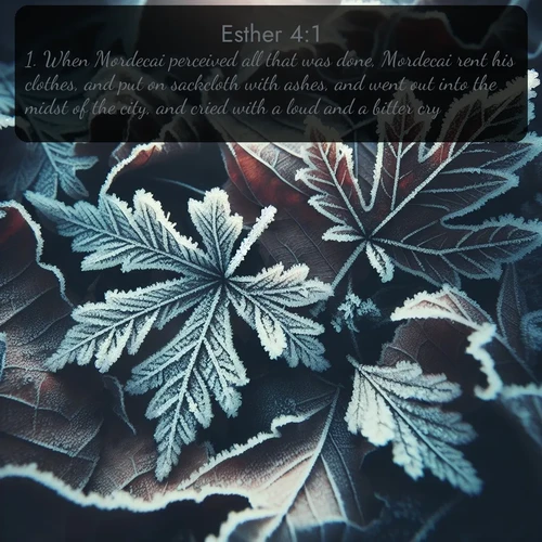 KJV Esther  ; image nature: image with the bible verse :When Mordecai perceived all that was done, Mordecai rent his clothes, and put on sackcloth with ashes, and went out into the midst of the city, and cried with a loud and a bitter cry; ; Browse a large collection of Bible verse images with photos showcasing the splendor of nature. Scenes of peaceful rivers, verdant valleys, and radiant skies enhance the inspiring verses. Each image reflects the serenity and joy of God&#039;s creation, with elegant text fonts. Download and share verses such as KJV Esther 4:1. Current verse is overlayed with the thematic nature scene : Winter frost creates delicate patterns on fallen leaves. ; 4:1