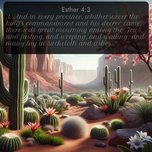 KJV Esther  ; image nature: image with the bible verse :And in every province, whithersoever the king&#039;s commandment and his decree came, there was great mourning among the Jews, and fasting, and weeping, and wailing; and many lay in sackcloth and ashes. ; Browse our collection of vibrant Bible verse images set against calming backdrops like tropical shores, quiet woods, and majestic mountains. Download free wallpapers featuring KJV Esther 4:3. Current verse is overlayed with the thematic nature scene : Desert cacti burst with spring blooms against red sandstone formations. ; 4:3