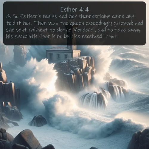 KJV Esther  ; image nature: image with the bible verse :So Esther&#039;s maids and her chamberlains came and told it her. Then was the queen exceedingly grieved; and she sent raiment to clothe Mordecai, and to take away his sackcloth from him: but he received it not. ; Discover Bible images illustrated by desert landscapes, like sand dunes, majestic rocks, and starry skies. These images symbolize the grandeur and immensity of God&#039;s creation. Download verses like KJV Esther 4:4. Current verse is overlayed with the thematic nature scene : Winter storms send massive waves crashing against lighthouse rocks. ; 4:4