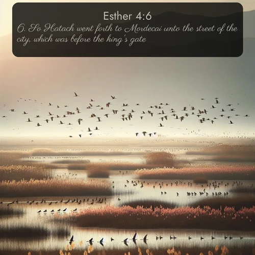 KJV Esther  ; image nature: image with the bible verse :So Hatach went forth to Mordecai unto the street of the city, which was before the king&#039;s gate. ; Explore serene Bible verse images adorned with photos of divine creation—tranquil beaches, snowy mountains, and starry skies. Each image is free to download and share. Verses include KJV Esther 4:6. Current verse is overlayed with the thematic nature scene : Spring migration fills marshlands with calling birds. ; 4:6