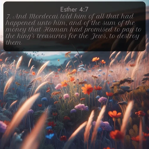 KJV Esther  ; image nature: image with the bible verse :And Mordecai told him of all that had happened unto him, and of the sum of the money that Haman had promised to pay to the king&#039;s treasuries for the Jews, to destroy them. ; Discover our curated gallery of Bible verse images with breathtaking scenery, from tranquil deserts to lush green pastures. Perfect for phone wallpapers or sharing online. Download verses like KJV Esther 4:7. Current verse is overlayed with the thematic nature scene : Summer wildflowers wave in the breeze on coastal bluffs. ; 4:7