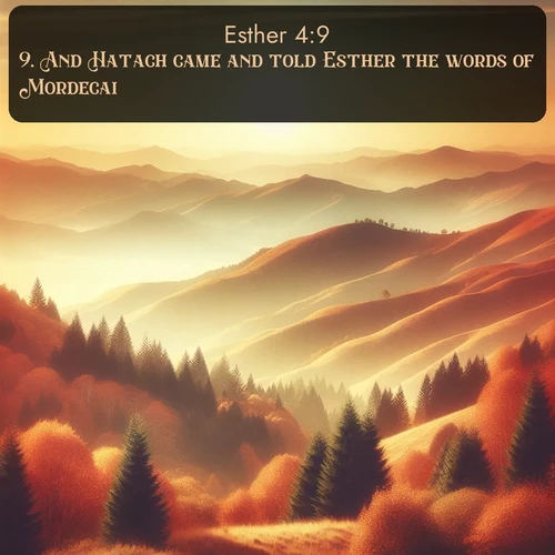 KJV Esther  ; image nature: image with the bible verse :And Hatach came and told Esther the words of Mordecai. ; Explore a rich collection of Bible verse images beautifully illustrated by natural landscapes, such as colorful skies, towering mountains, and tranquil rivers. The images highlight the serenity of God&#039;s creation with vivid tones and carefully chosen typography. Download and share inspiring verses like KJV Esther 4:9. Current verse is overlayed with the thematic nature scene : Autumn colors paint hillsides in warm earth tones. ; 4:9
