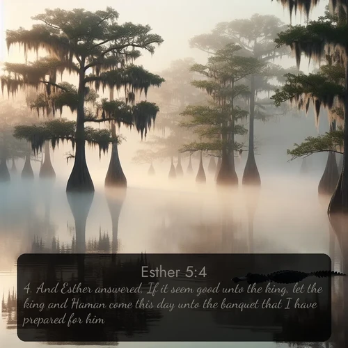 citation biblique : 4. And Esther answered, If it seem good unto the king, let the king and Haman come this day unto the banquet that I have prepared for him.
 sur fond image nature