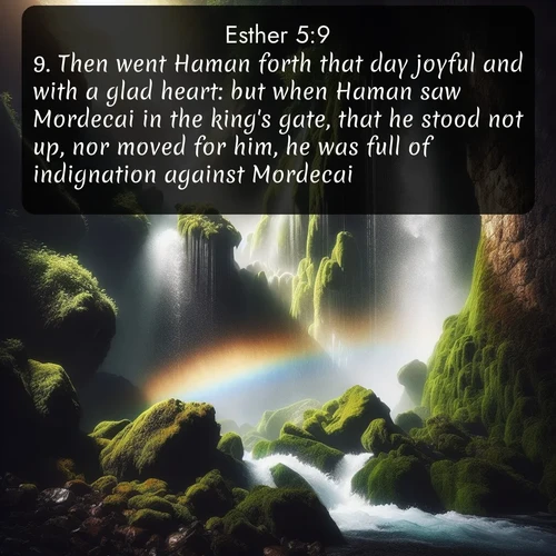 citation biblique : 9. Then went Haman forth that day joyful and with a glad heart: but when Haman saw Mordecai in the king&#039;s gate, that he stood not up, nor moved for him, he was full of indignation against Mordecai.
 sur fond image nature