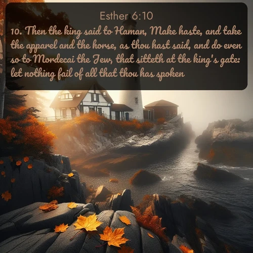 citation biblique : 10. Then the king said to Haman, Make haste, and take the apparel and the horse, as thou hast said, and do even so to Mordecai the Jew, that sitteth at the king&#039;s gate: let nothing fail of all that thou has spoken.
 sur fond image nature