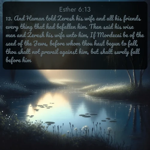 citation biblique : 13. And Haman told Zeresh his wife and all his friends every thing that had befallen him. Then said his wise men and Zeresh his wife unto him, If Mordecai be of the seed of the Jews, before whom thou hast begun to fall, thou shalt not prevail against him, but shalt surely fall before him.
 sur fond image nature