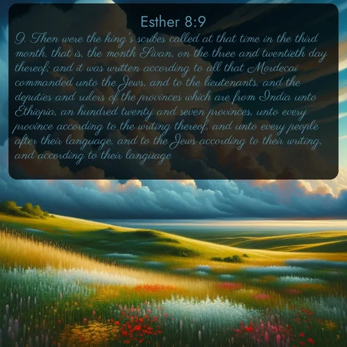 KJV Esther  ; image nature: image with the bible verse :Then were the king&#039;s scribes called at that time in the third month, that is, the month Sivan, on the three and twentieth day thereof; and it was written according to all that Mordecai commanded unto the Jews, and to the lieutenants, and the deputies and rulers of the provinces which are from India unto Ethiopia, an hundred twenty and seven provinces, unto every province according to the writing thereof, and unto every people after their language, and to the Jews according to their writing, and according to their language. ; Explore beautiful Bible verse images paired with serene natural settings, such as calm seas, snowy paths, and verdant hills. Each image is free to download for your spiritual inspiration. Share KJV Esther 8:9. Current verse is overlayed with the thematic nature scene : Summer thunderheads build over grasslands dotted with wildflowers. ; 8:9