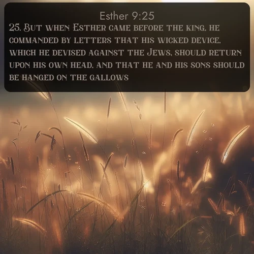 citation biblique : 25. But when Esther came before the king, he commanded by letters that his wicked device, which he devised against the Jews, should return upon his own head, and that he and his sons should be hanged on the gallows.
 sur fond image nature