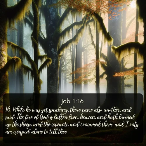 citation biblique : 16. While he was yet speaking, there came also another, and said, The fire of God is fallen from heaven, and hath burned up the sheep, and the servants, and consumed them; and I only am escaped alone to tell thee.
 sur fond image nature